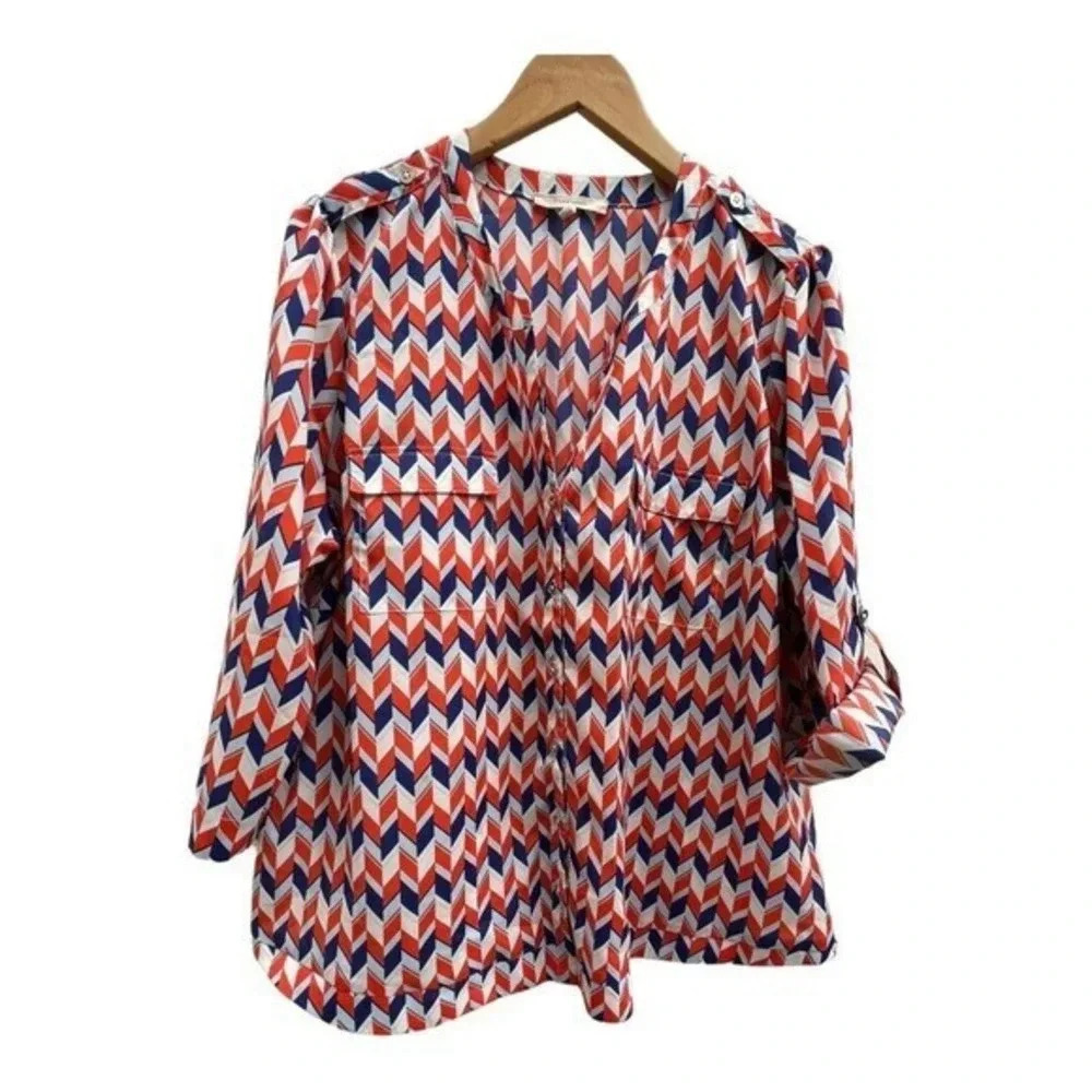 41Hawthorn Women Orange 3/4 Sleeve Button‎ Up Blouse 2X Plus Roll Tab Sleeves​​​